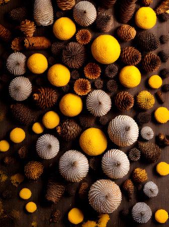 Fir cone painted background knolling realistic vintage colors. Generative AI Generatedの素材