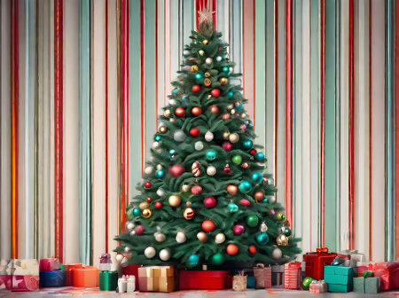 Xmas tree painted bg knolling drawing Kodachrome colors Generative AI Generatedの素材