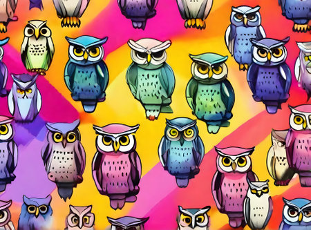 Owls painted with watercolor on knolling in neon colors. Generative AI Generatedの素材