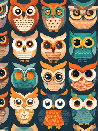 Vintage colored palette knolling flat design with painted owl background. Generative AI Generatedの素材