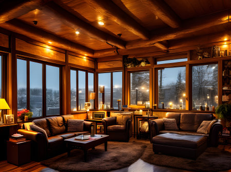 cozy living room extreme long shot HDR visuals at K resolution. Generative AI Generatedの素材