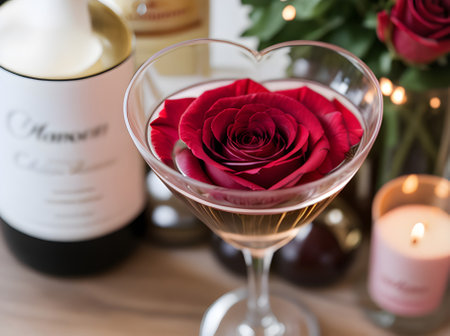 heart champagne roses Valentines Day men and women intricate ambiance Generative AI Generatedの素材