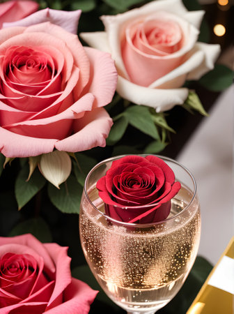 hearts champagne roses: VDay vibes detailed cozy sharp highquality Generative AI Generatedの素材