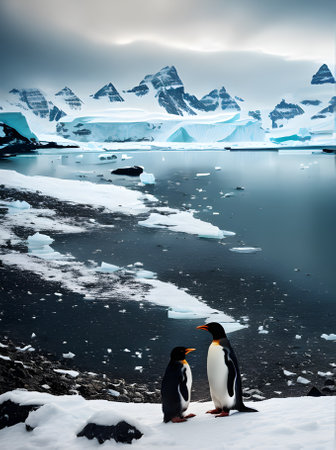 Penguin in Antarctica showcased with warm lighting surrealism style vinta Generative AI Generatedの素材