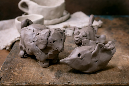 Ceramics workshop for children and beginners idea: dog, bird and fish figures made of raw clay, kids handmade ceramic creative. Dark wooden table.の写真素材