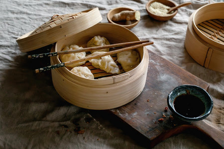 Bamboo steamer with Asian steamed dumplings, chopsticks, soy sauce on wooden board on rustic wooden table. Natural daylight. Asian foodの写真素材