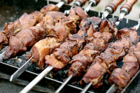 Juicy grilled meat skewers cooking on barbecue grill. Marinated pieces of meat roasting on metal skewers over hot coals. Traditional BBQ cooking method.の写真素材