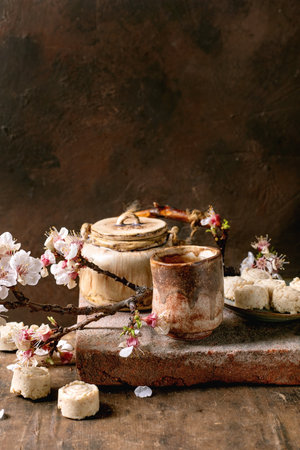Traditional Japanese tea ceremony setting with ceramic teapot cup sakura branches and sweets sesame cream candies on rustic wooden surface against dark brown background.の写真素材