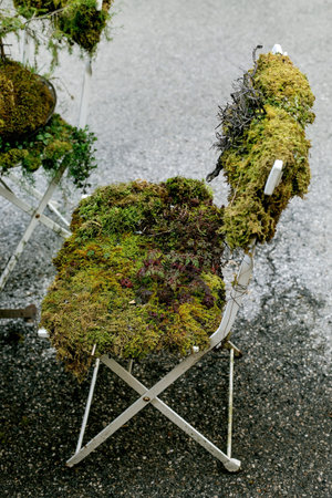 Abandoned metal chair overgrown with green moss lichen and plants on concrete surface. Urban decay meets nature concept.の写真素材