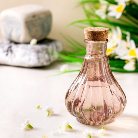 Beautiful pink transparent bottle of perfume with cork, standing with textured stone on white marble table. Small white flowers, spring daffodils. Perfume making concept with place for design labelの写真素材