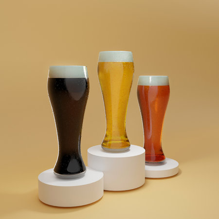 Realistic 3d render collection of glasses of beer. Cold lager, red amber and dark stout beer with foam in tall transparent glasses, standing on podiums three top places over beige background. Space.の写真素材
