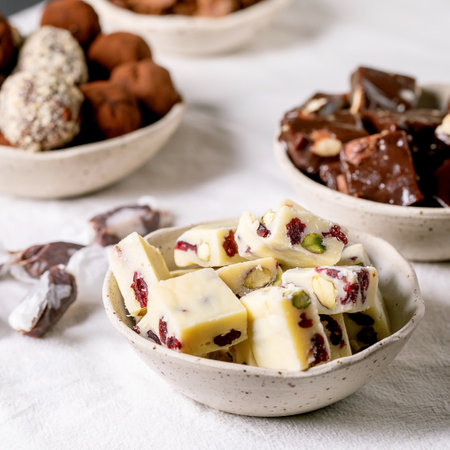 Variety of homemade toffee chocolate almond nuts candy, dark chocolate truffle, white chocolate candy bar in bowls on white table cloth. Handmade food sweet gifts for any holidays.の写真素材