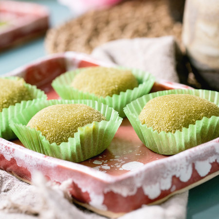 Close up of Asian traditional rice dessert sweet green matcha mochi in ceramic dish on blue table.の写真素材