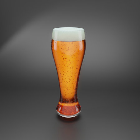 Realistic 3d render glass of beer. Semi-dark cold amber beer with foam in tall transparent glass over black background. Copy spaceの写真素材