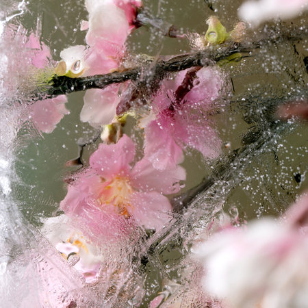 Beautiful flowers pink blooming sakura cherry branch in transparent ice block. Frozen beauty concept. Floral greeting cardの写真素材
