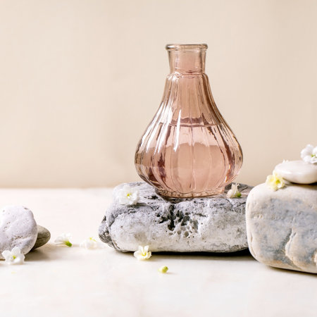 Beautiful pink transparent opened bottle, standing on textured stone on white marble table with small white flowers Kalanchoe around. Making concept with place for design labelの写真素材