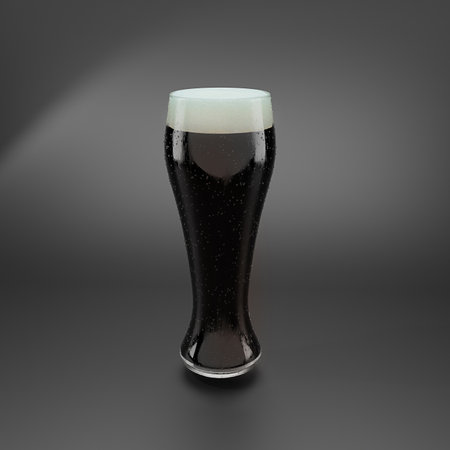 Realistic 3d render glass of beer. Dark cold stout beer with foam in tall transparent glass over black background. Copy spaceの写真素材