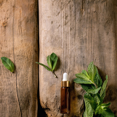 Organic essential mint aroma or cosmetic oil from fresh ingredients in glass bottle with pipette. Promo concept for health skin body care antistress effect. Herbs around. Old wooden background.の写真素材