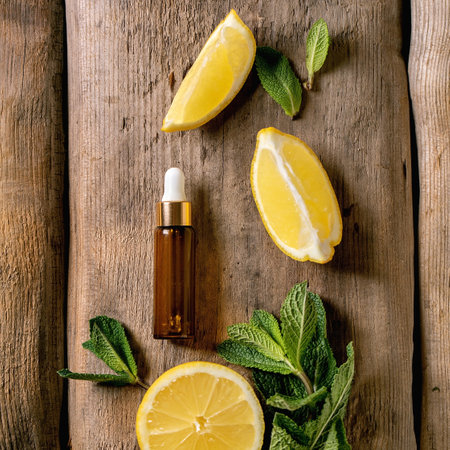 Organic essential mint and lemon aroma or cosmetic oil from fresh ingredients in glass bottle with pipette. Promo concept for health skin body care antistress effect. Old wooden background.の写真素材