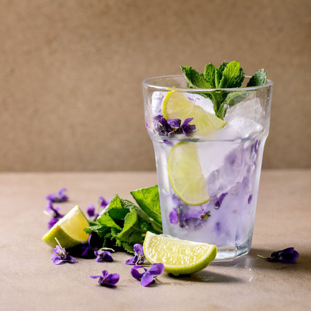 Transparent glass of floral lemonade soda cocktail with mint, violets flower ice and lime slices standing on brown table. Cold summer refreshment drink. Copy spaceの写真素材