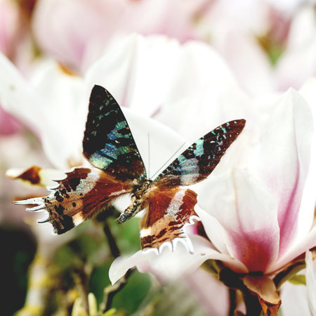 Spring blooming background. Flying beautiful turquoise giant tropical butterfly on spring blossom magnolia flowers.の写真素材