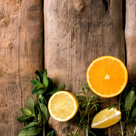 Citrus and herbs variety. Fresh organic sliced lemon, orange with mint and rosemary branches over old wooden background. Top view, copy spaceの写真素材