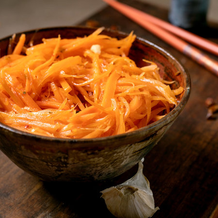 Dish of Korean and Asian cuisine: vegetable salad marinated carrots with garlic. Served in ceramic...
