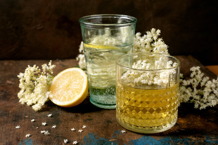 Two glasses elderflower cordial decorated with white elderflower blossoms and lemon slice on rustic wooden tableの写真素材