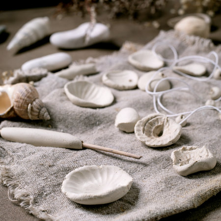 Ceramic workshop idea: handcrafted beads from clay or porcelain. Flat beads of raw white porcelain on rough fabric. Small white flowers, jewelry findings, sea shells. Dark background, close upの写真素材