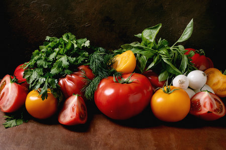 Fresh colorful tomatoes with herbs parsley basil dill on dark rustic background. Organic vegetables cooking ingredients healthy eating conceptの写真素材