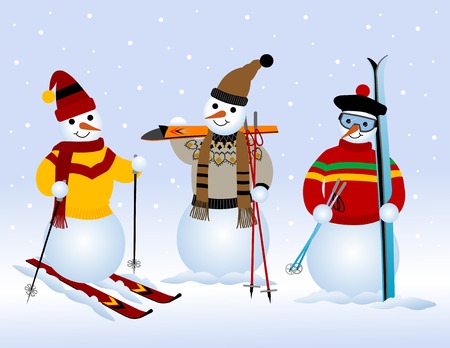 Three snowmen on skiingのイラスト素材