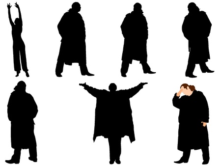 A collection of silhouettes of men in trench coat. Vectorのイラスト素材