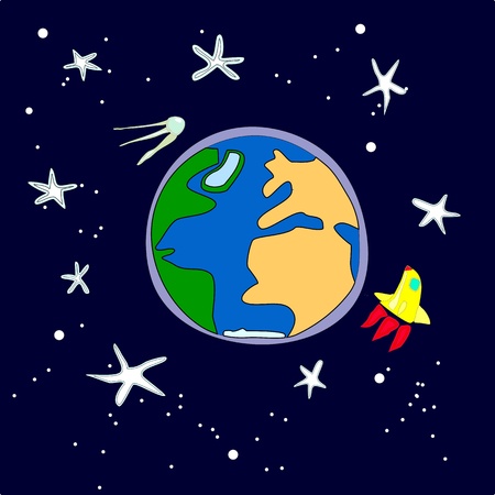 Vector illustration of the Earth with the rocket and the satellite.のイラスト素材