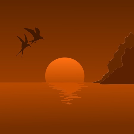 Vector illustration of a sunrise and flying seagullsのイラスト素材