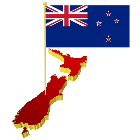 three-dimensional image map of New Zealand with the national flag のイラスト素材