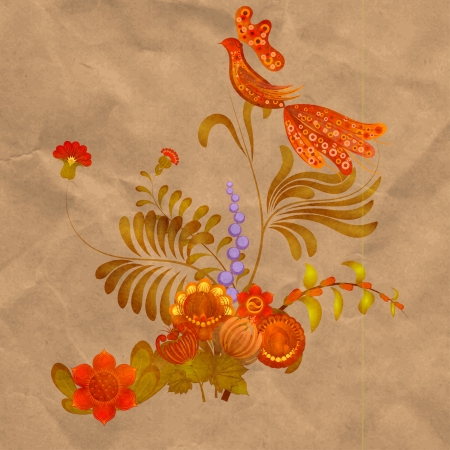 Petrikov painting.  Floral ornament on old paper backgroundのイラスト素材