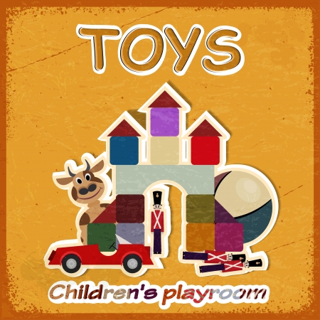 Vintage card and a picture of old toys - invitation in game 
room for children.のイラスト素材