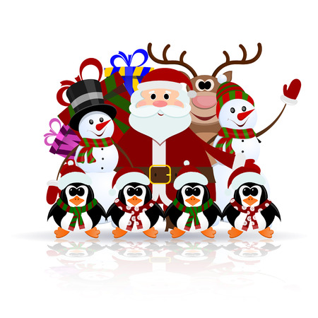 Santa Claus, penguins, reindeer and snowman on the ice - greeting card for Christmasのイラスト素材