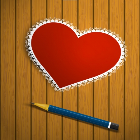 Lacy red heart on a wooden background and pencilのイラスト素材