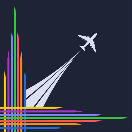 Plane silhouette on a blue background and bright corner frame. Vector illustrationのイラスト素材