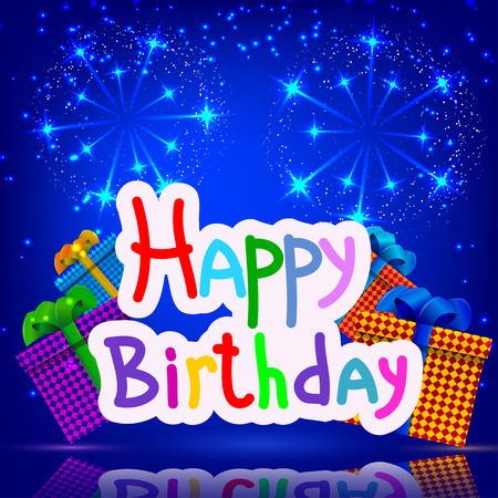 Festive blue background with gifts and fireworks. Happy birthday. Vector illustration.のイラスト素材