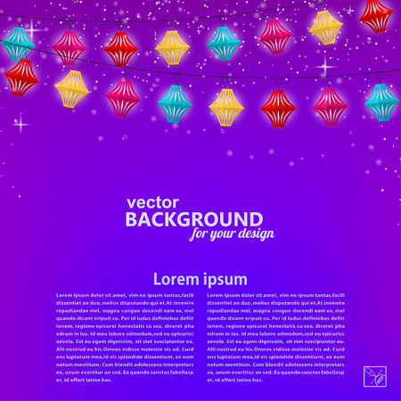 Festive purple background with garland of paper lanterns. Vector illustration. のイラスト素材