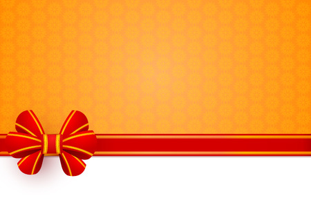Red bow gift wrapping on an orange flower background. Vector illustration. のイラスト素材