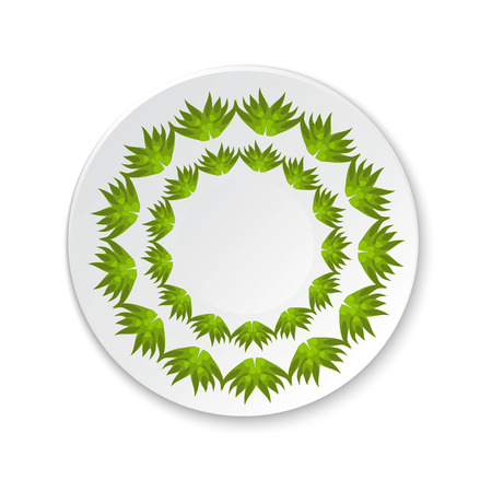 Round porcelain plate on a painting of a green leaf on a white background. Vector illustrationのイラスト素材