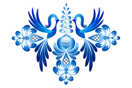 Design element in Gzhel style with flowers and fabulous birds. Vector illustrationのイラスト素材