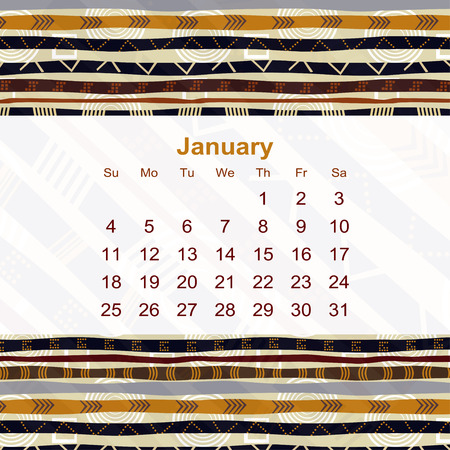 Calendar designed in the style of Tribal. 2015. January. Ethno. Vector illustration.のイラスト素材