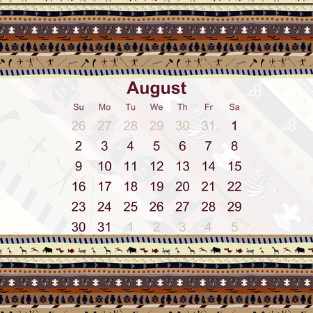 Calendar designed in the style of Tribal. 2015. August. Ethno. Vector illustration.のイラスト素材
