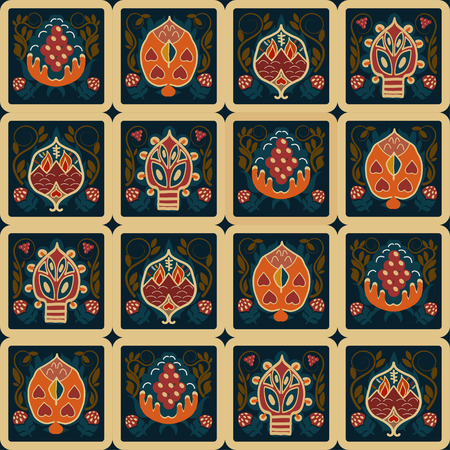 Vintage seamless ethnic pattern with tropical flowers in the squares. Basis for wallpaper, fabrics and desktop Vector illustration.のイラスト素材
