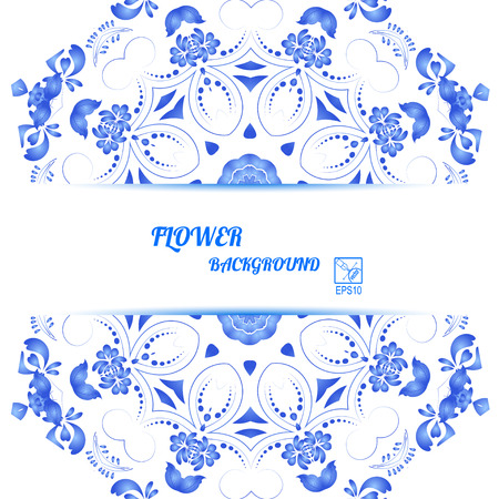 Banner with blue floral ornament in Gzhel style. Vector illustration.のイラスト素材