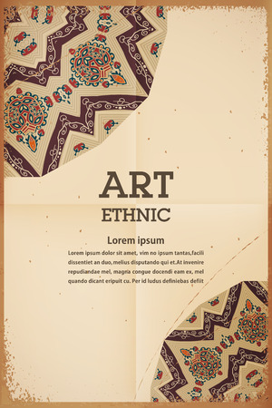 Invitation card on the retro paper with a bright floral patterns. Tribal style. Vector illustration.のイラスト素材